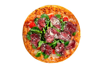 Top view smoked beef pizza with arugula and parmesan cheese