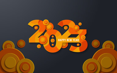 Happy new year 2023 number concept. Design a template for the 2023 celebration with an abstract orange yellow background.