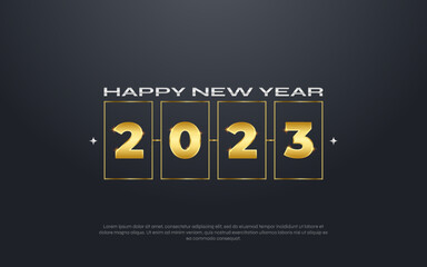 New year 2023. Template design concept for 2023 holiday with golden number and dark background.