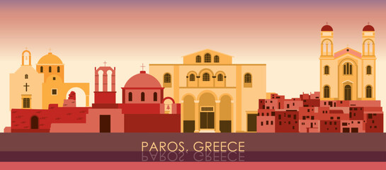 Sunset Skyline panorama of Paros island, Cyclades, Greece - vector illustration - obrazy, fototapety, plakaty