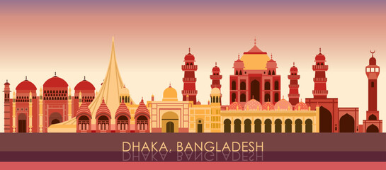 Sunset Skyline panorama of city of Dhaka, Bangladesh - vector illustration