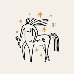 Sagittarius Zodiac kentaurus boho vector artistic abstract modern sacred stellar minimalist artisan hand drawn silhouette, mystical spell moon aesthetics bohemian hippie concept surface