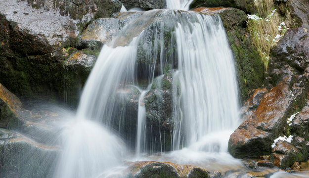 Waterfalls in a forest in spring, Bodenmais, Regen District, Bavarian Forest National Park, Bavaria, Germany
