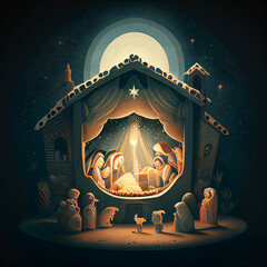 Christmas Nativity Scene Birth of Jesus Mary Joseph Manger Bethlehem Stars Moon Abstract Generative AI Tools Technology illustration - 555519358