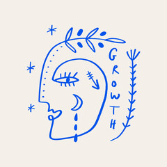 Linear face boho vector artistic abstract modern art, sacred human soul minimalist artisan hand drawn silhouette, mystical spell esoteric aesthetics bohemian hippie logo or label concept 