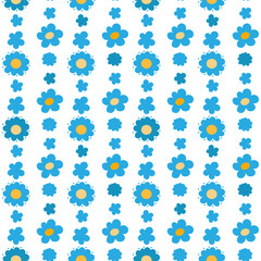 A pattern of flowers with rounded petals arranged in vertical stripes. Blue and yellow colors. 