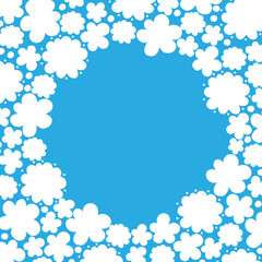 Round floral frame with filled corners. Blank for greetings, postcards, announcements, awards. Vector image on a blue background.