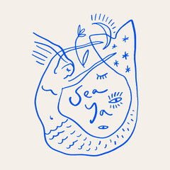 Mermaid boho vector artistic abstract modern art, undina sacred woman minimalist artisan hand drawn silhouette, mystical spell celestial aesthetics bohemian hippie concept