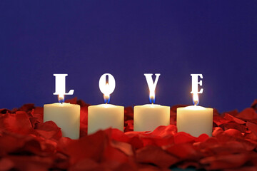 four candles resting on red rose petals with flames spelling out the word love. - Powered by Adobe