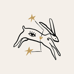 Rabbit Chinese Zodiac constellation celestial boho modern abstract artisan vector illustration clipart in scandinavian style