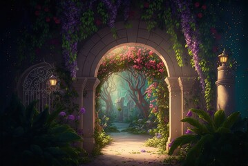 A magical, hidden garden with flower arches and lush vegetation, like one out of a fairy tale. Illustration of a Computer-Generated Painting as a Background Generative AI - obrazy, fototapety, plakaty