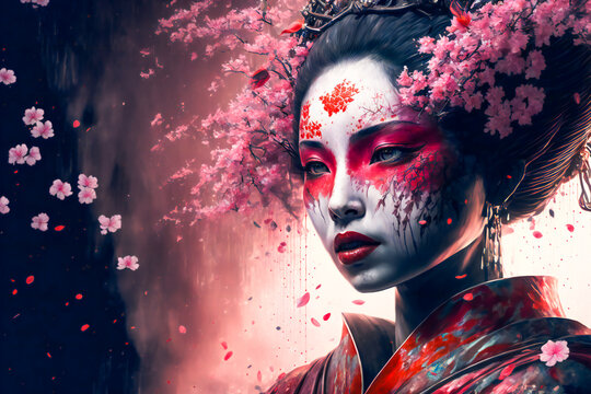 Geisha in an intricate kimono, sakura garden background. Young pretty geisha in colorful kimono.  Image created with Generative AI technology.