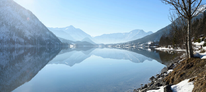 Landscape of Grundlsee Lake on Sunny Day in Winter, Liezen District, Styria, Austria