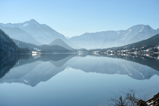 Landscape of Lake Grundlsee on Sunny Day in Winter, Styria, Austria