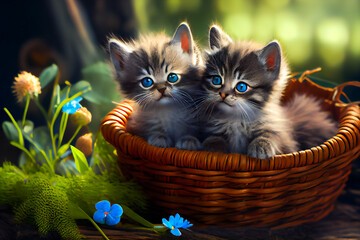 Kittens In A Basket.  Generative AI.