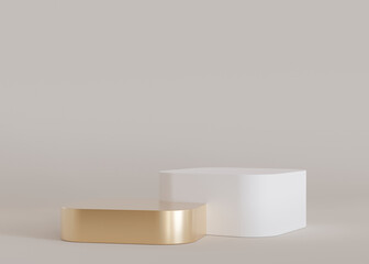 Two white and golden podiums on beige background. Elegant stage for product, cosmetic presentation. Luxury mock up. Pedestal or platform for beauty products. Empty scene. Display, showcase. 3D render.