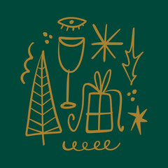 Modern abstract champagne glass tee and gift artistic New Year and Christmas illustration. Scandinavian nordic style artisan Noel postcard