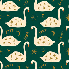 Swans scandinavian nordic style artisan Noel postcard elements seamless pattern background vector © Knstart Studio