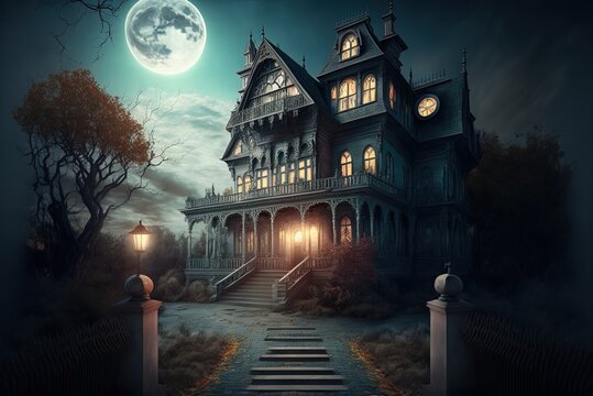an image depicting the Halloween idea backdrop of a genuine horror mansion and eerie street with moonlight. Generative AI