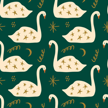 Fototapeta Swans scandinavian nordic style artisan Noel postcard elements seamless pattern background vector