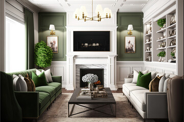 modern living room with fireplace, olive green and white, mock up, AI generated