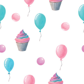 Vector seemless pattern with watercolor birthday cupcake and balloon in pastel colors