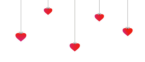 Fototapeta na wymiar red hearts, background illustration, vector hearts, hanging hearts on strings, horizontal banner, valentines illustration, Valentine's Day elements