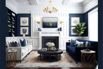 modern living room with fireplace, navy blue and white, mock up, AI generated
