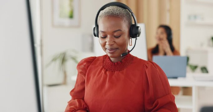 Contact us, call center and crm, black woman at computer in office, customer service agent with headset and smile. Help desk, telemarketing or sales consultant, happy advisory support and consulting.
