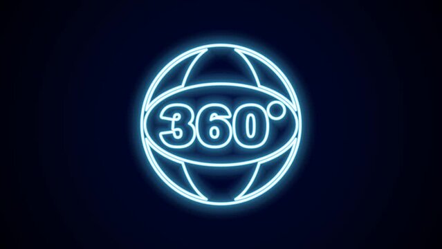Glowing neon line 360 degree view icon isolated on black background. Virtual reality. Angle 360 degree camera. Panorama photo. 4K Video motion graphic animation
