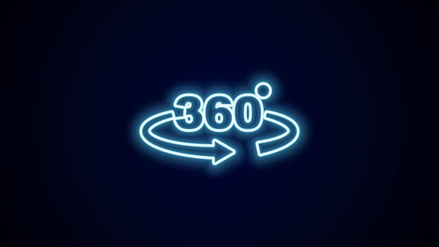 Glowing neon line 360 degree view icon isolated on black background. Virtual reality. Angle 360 degree camera. Panorama photo. 4K Video motion graphic animation