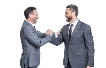 happy businessmen partnership congratulating isolated on white. businessmen congratulating