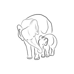 Elephant with baby. Hand drawn minimalism style Vector illustration
