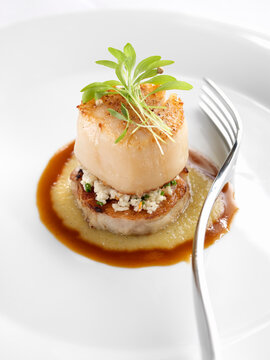 Grilled Scallop on Foie Gras With Coleslaw and Popcorn Seedlings Garnish