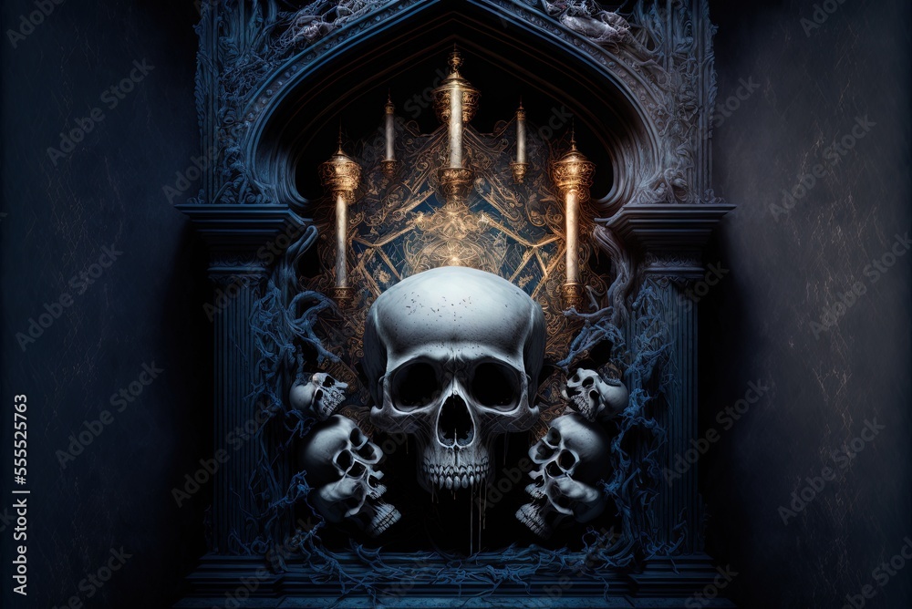 Wall mural Scene from a gothic horror film, complete with skull, bones, and skeleton. Modern gothic art with an abstract aesthetic. Generative AI