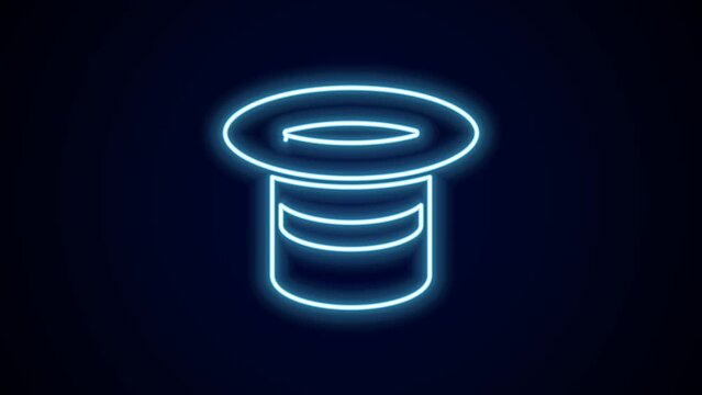 Glowing neon line Magic hat icon isolated on black background. Magic trick. Mystery entertainment concept. 4K Video motion graphic animation