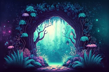 Foto op Aluminium Faerie woodland scenery for your backdrop story. Fantasy-themed 2D wallpaper, poster, card, or backdrop art. Decor ideas for a baby's room. Generative AI © LukaszDesign