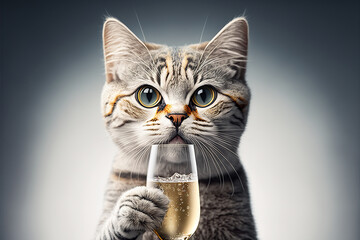 portrait of cat holding a glass of champagne, ai generated