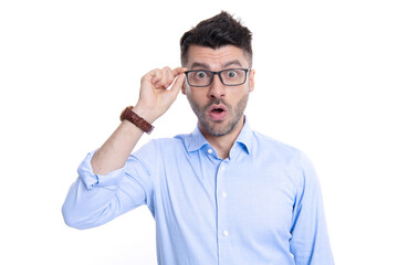 surprised man in eyewear isolated on white background. surprised man wearing eyewear in studio.