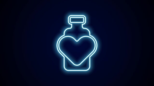 Glowing neon line Bottle with love potion icon isolated on black background. Valentines day symbol. 4K Video motion graphic animation