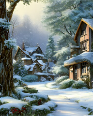 Woodhouses in the magical forest Christmas Painting