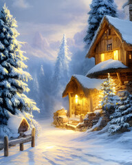 Cabin in the woods covered in snow Christmas painting