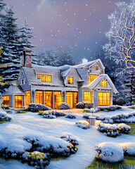 Beautiful winter house in the forest illustration for Christmas painting with trees and snow