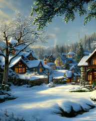 Houses in the mountains Christmas illustration