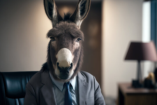  a donkey in a suit in an office, ai generated