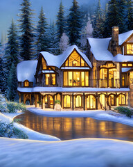 House in the forest during winter illustration