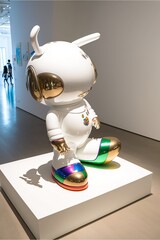 Naklejka premium Shiny metal robot sculpture at a white room gallery exhibit illustration made with Generative AI