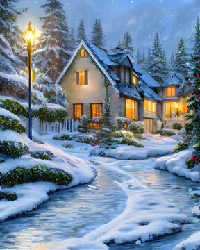 House in the woods full with snow