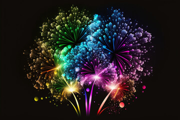 New years celebration of colorful fireworks, banner for social media, illustrated with AI