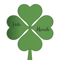 Digitally generated image of hello march text banner over a clover icon against white background